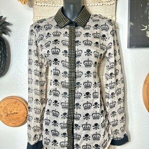 Rehab Beige and Black Skull & Crown Studded Button-Down Shirt